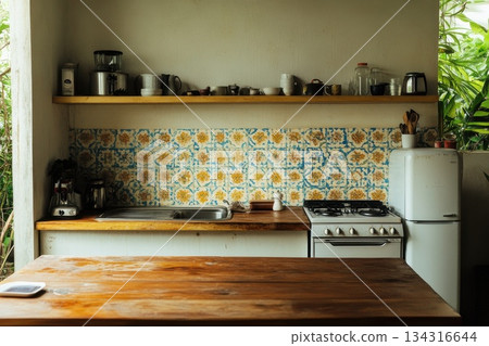Mediterranean Inspired Kitchen with Earthy Tones and Vibrant Decor Elements 134316644