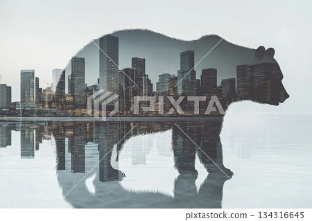 Towering Bear Shaped Hologram Over Cityscape with Reflection in Water 134316645