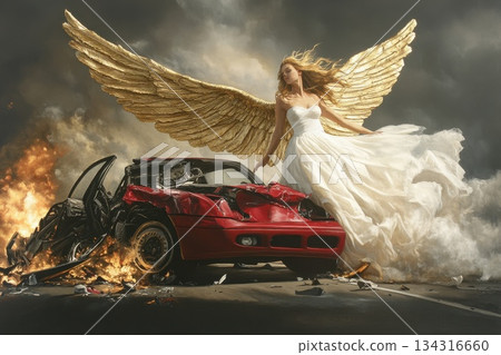 Ethereal Angel With Golden Wings Stands Beside Wrecked Car in Dramatic Scene Ethereal Angel With Golden Wings Stands Beside Wrecked Car in Dramatic Scene 134316660
