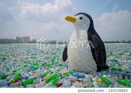 Synthetic Penguin Sculpture Made of Plastic Fibers Amidst Ocean Plastic Waste 134316665