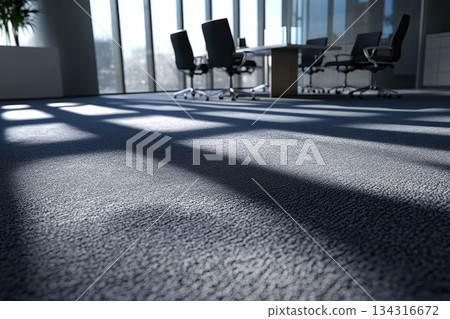Bright Sunlight Pouring into Modern Glass Walled Office Conference Room 134316672