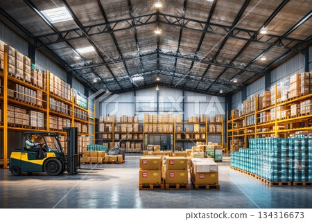 Photorealistic Warehouse Scene with Automated Forklift and Packed Inventory Storage 134316673