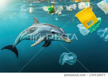 Dolphin Swimming Amidst Plastic Waste in Ocean Water Pollution Scene 134316677