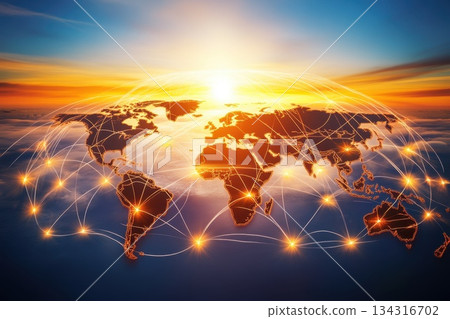 Striking Aerial View of Global Supply Chain Network Connecting Continents at Sunrise Striking Aerial View of Global Supply Chain Network Connecting Continents at Sunrise 134316702