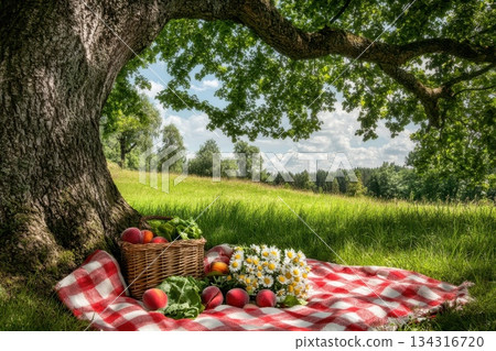 Scenic Countryside View with Picnic Blanket Under a Large Tree in Summer Daylight Scenic Countryside View with Picnic Blanket Under a Large Tree in Summer Daylight 134316720