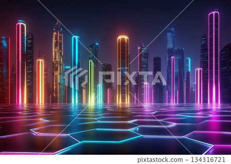 Futuristic Digital Skyline at Night with Illuminated Neon Lights and Flowing Colors Futuristic Digital Skyline at Night with Illuminated Neon Lights and Flowing Colors 134316721