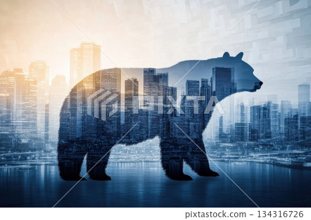 Towering Bear Hologram Over Cityscape with Urban Skyline and Nature Elements 134316726