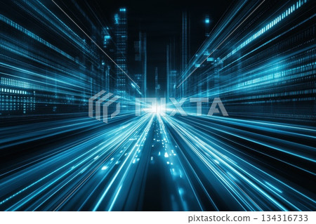 Futuristic Digital Background with Glowing Lines and Light Effects in Blue Tones 134316733