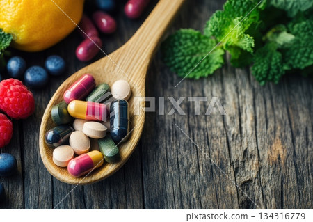 Wooden Spoon Filled with Open Vitamin Capsules and Fresh Fruits on Rustic Table Wooden Spoon Filled with Open Vitamin Capsules and Fresh Fruits on Rustic Table 134316779