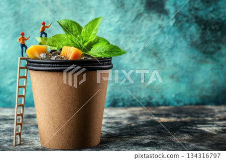 Giant Paper Cup Filled with Refreshing Summer Tea and Tiny Figurines Enjoying Nature Giant Paper Cup Filled with Refreshing Summer Tea and Tiny Figurines Enjoying Nature 134316797
