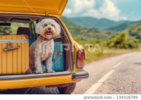 Happy Dog with Luggage in Trunk of Yellow Car on Scenic Road Trip Adventure 134316799