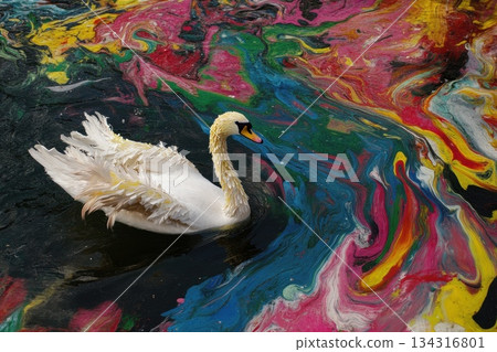 Beautiful swan gliding gracefully on colorful water with plastic-like appearance 134316801