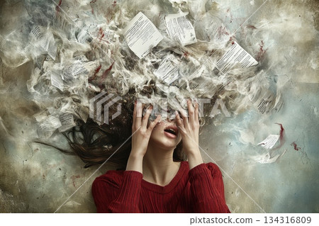 Surreal Portrait of Young Adult Overwhelmed by Fragments of Paper and Emotion 134316809