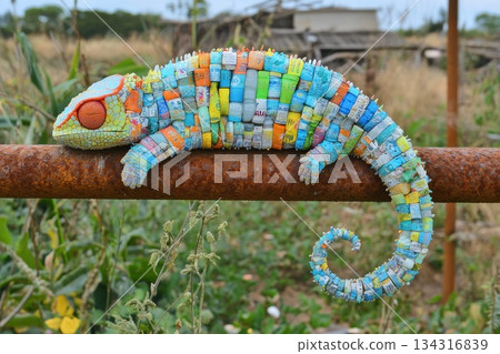 Chameleon with Colorful Skin Camouflaged Among Natural Patchwork of Surroundings Chameleon with Colorful Skin Camouflaged Among Natural Patchwork of Surroundings 134316839