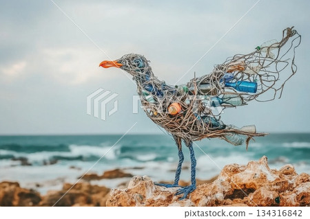 Seagull Sculpture Formed from Tangled Fishing Nets on Rocky Shoreline Seagull Sculpture Formed from Tangled Fishing Nets on Rocky Shoreline 134316842