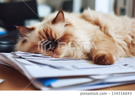Very Tired Cat with Droopy Eyes Sprawled Across a Pile of Paperwork in Office Space Very Tired Cat with Droopy Eyes Sprawled Across a Pile of Paperwork in Office Space 134316843