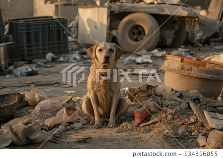 Stray Dog Surrounded by Plastic Debris in Urban Environment Full of Garbage and Waste 134316855
