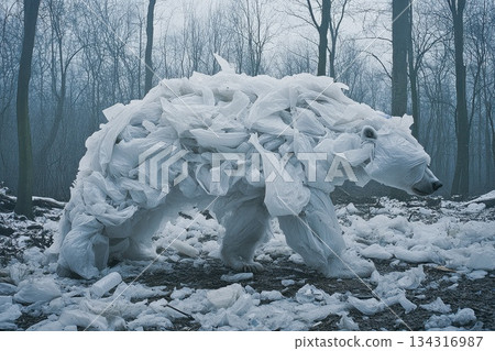 Bear Made of Shredded Plastic Bags Wandering Through a Misty Forest Landscape Bear Made of Shredded Plastic Bags Wandering Through a Misty Forest Landscape 134316987