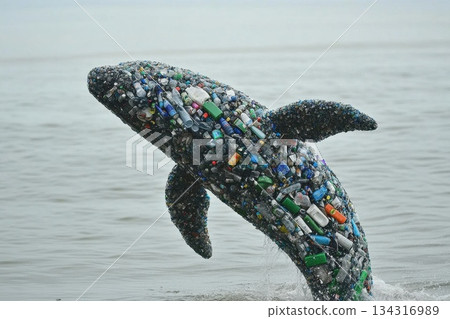 Mesmerizing Whale Breaching at Ocean Surface Amidst Plastic Pollution Crisis 134316989