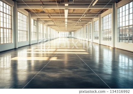 Sleek Modern Industrial Loft Space with Expansive Windows and Concrete Floor 134316992
