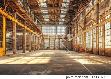 Vast Industrial Space with High Ceilings and Polished Floors in Daylight 134316993