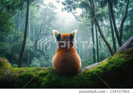 Back View of a Red Panda Sitting on a Mossy Log in a Lush Green Forest Back View of a Red Panda Sitting on a Mossy Log in a Lush Green Forest 134317001