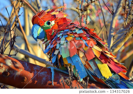 Colorful Parrot Sculpture Created from Vibrant Plastic Pieces in Natural Setting 134317026