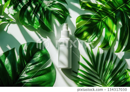 Minimal White Sunscreen Bottle on Bright Surface with Tropical Green Leaves Surrounding Minimal White Sunscreen Bottle on Bright Surface with Tropical Green Leaves Surrounding 134317030