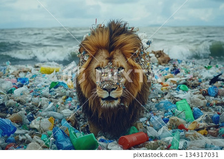 Majestic Lion Crafted from Shredded Plastic Amidst Beach Pollution Environment Majestic Lion Crafted from Shredded Plastic Amidst Beach Pollution Environment 134317031