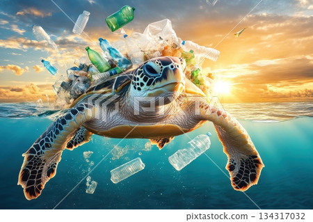Majestic Sea Turtle Surrounded by Pollution Composed Entirely of Plastic Waste Majestic Sea Turtle Surrounded by Pollution Composed Entirely of Plastic Waste 134317032