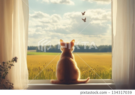 Curious kitten sitting on windowsill watching birds flying in clear blue sky 134317039