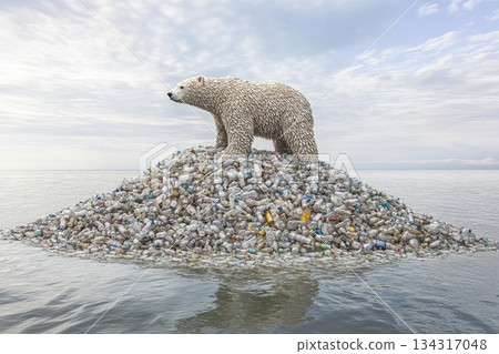 Polar Bear Stands on Plastic Waste Island Highlighting Environmental Crisis Polar Bear Stands on Plastic Waste Island Highlighting Environmental Crisis 134317048