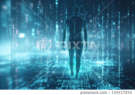 Glowing Human Figure Composed of Data Points in a Futuristic Digital Environment Glowing Human Figure Composed of Data Points in a Futuristic Digital Environment 134317054