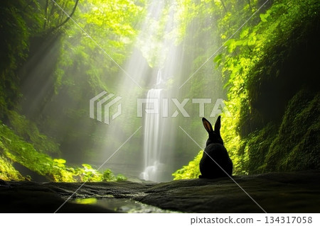 Fluffy Rabbit Sitting in Lush Green Garden with Gentle Light and Waterfall Fluffy Rabbit Sitting in Lush Green Garden with Gentle Light and Waterfall 134317058
