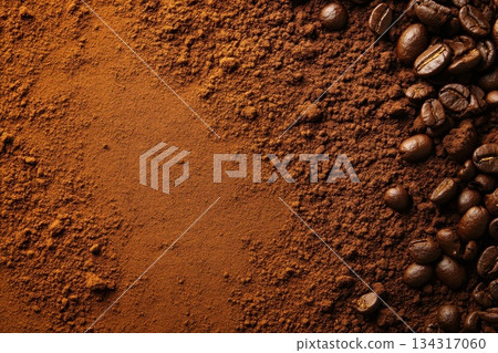 Close-up Composition of Roasted Coffee Grounds and Whole Beans on Flat Surface Close-up Composition of Roasted Coffee Grounds and Whole Beans on Flat Surface 134317060