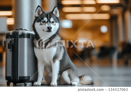 Luxurious Travel Scene with a Premium Pet Dog Beside a Silver Suitcase 134317063