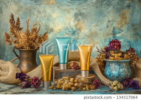 Stylish Display of Metallic Tubes on Rustic Background with Dried Flowers and Textures Stylish Display of Metallic Tubes on Rustic Background with Dried Flowers and Textures 134317064