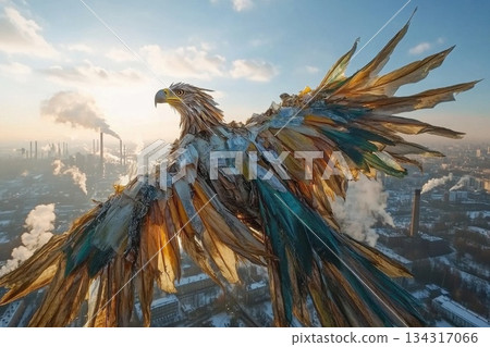 Majestic Eagle with Tattered Plastic Wings Soaring Over Industrial Landscape 134317066