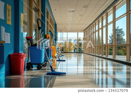 Bright and Spacious Office Corridor with Cleaning Equipment and Trolley Arranged Neatly 134317079
