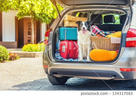 Open Trunk of Packed Vehicle at Sunrise with Dog Ready for Adventure Open Trunk of Packed Vehicle at Sunrise with Dog Ready for Adventure 134317083