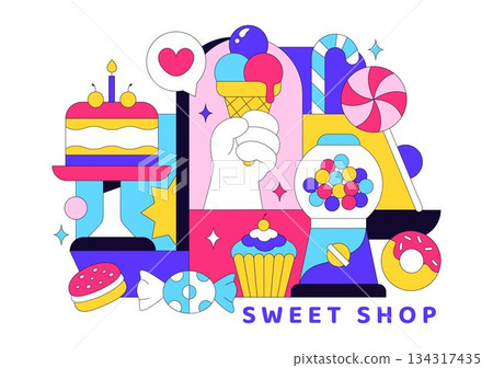 Sweet Shop Vector Illustration Featuring Sales Of Various Bakery Products Including Cupcakes Cakes Pastries And Candy In Flat Style Cartoon Background 134317435
