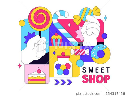 Sweet Shop Vector Illustration Featuring Sales Of Various Bakery Products Including Cupcakes Cakes Pastries And Candy In Flat Style Cartoon Background Sweet Shop Vector Illustration Featuring Sales Of Various Bakery Products Including Cupcakes Cakes Pastries And Candy In Flat Style Cartoon Background 134317436