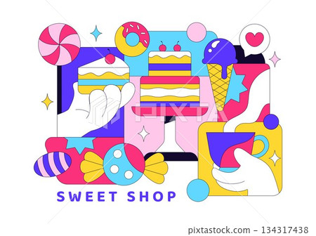 Sweet Shop Vector Illustration Featuring Sales Of Various Bakery Products Including Cupcakes Cakes Pastries And Candy In Flat Style Cartoon Background 134317438