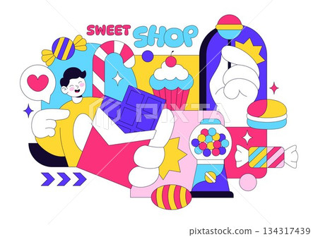 Sweet Shop Vector Illustration Featuring Sales Of Various Bakery Products Including Cupcakes Cakes Pastries And Candy In Flat Style Cartoon Background 134317439