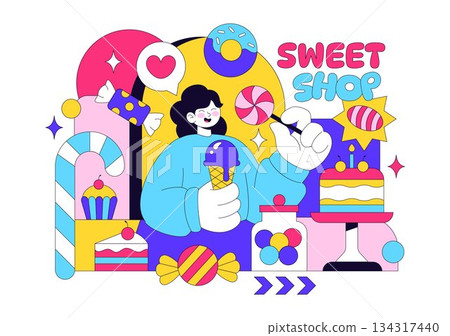 Sweet Shop Vector Illustration Featuring Sales Of Various Bakery Products Including Cupcakes Cakes Pastries And Candy In Flat Style Cartoon Background Sweet Shop Vector Illustration Featuring Sales Of Various Bakery Products Including Cupcakes Cakes Pastries And Candy In Flat Style Cartoon Background 134317440