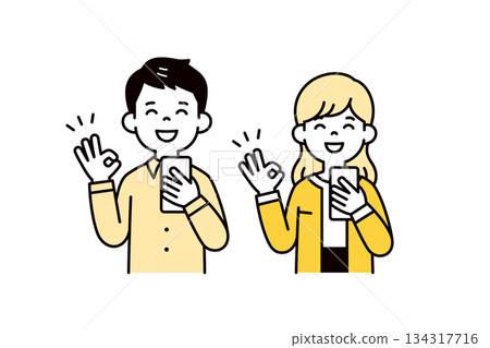 Vector illustration of young men and women, employees, and couples holding smartphones and smiling and making OK signs 134317716