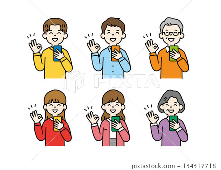 Vector illustration set of a three-generation family holding a smartphone and making an OK sign_Color Vector illustration set of a three-generation family holding a smartphone and making an OK sign_Color 134317718