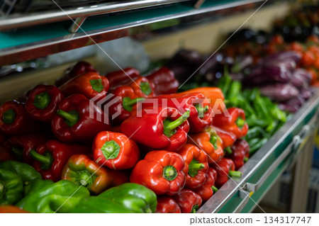 Red bell peppers in shop window Red bell peppers in shop window 134317747