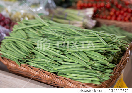 Green string beans in a supermarket drawer Green string beans in a supermarket drawer 134317773