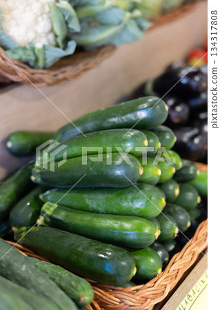 Green zucchini in shop window 134317808